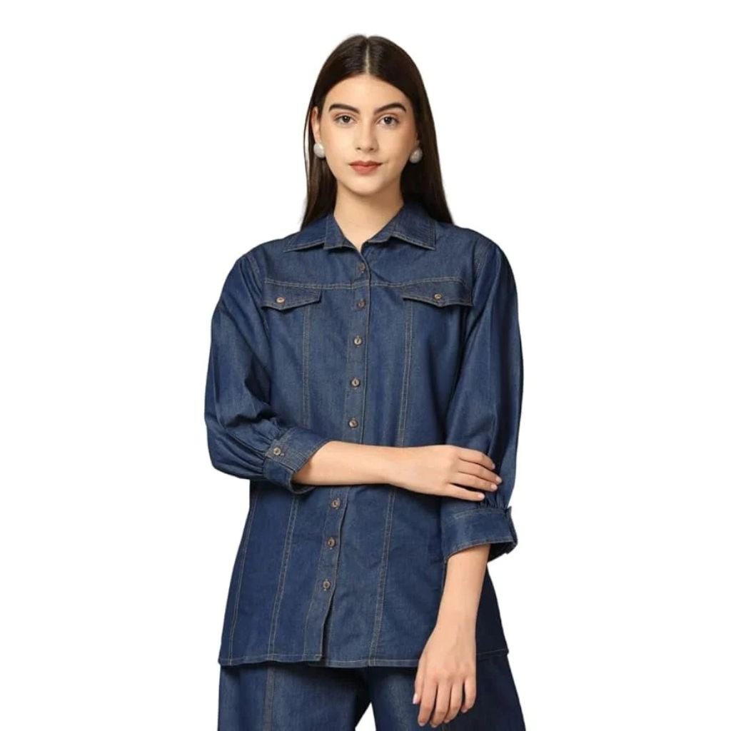 Women Blue Washed Smart Regular Fit Solid Casual Denim Cord Sets | Pack of 1 Shirt and 1 Pant