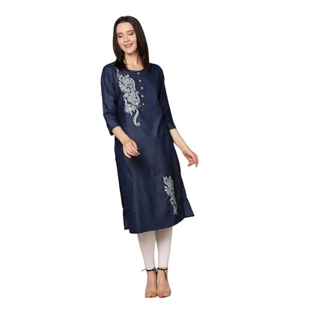 Women’s Embroidered Denim Regular Straight Kurta Round Neck