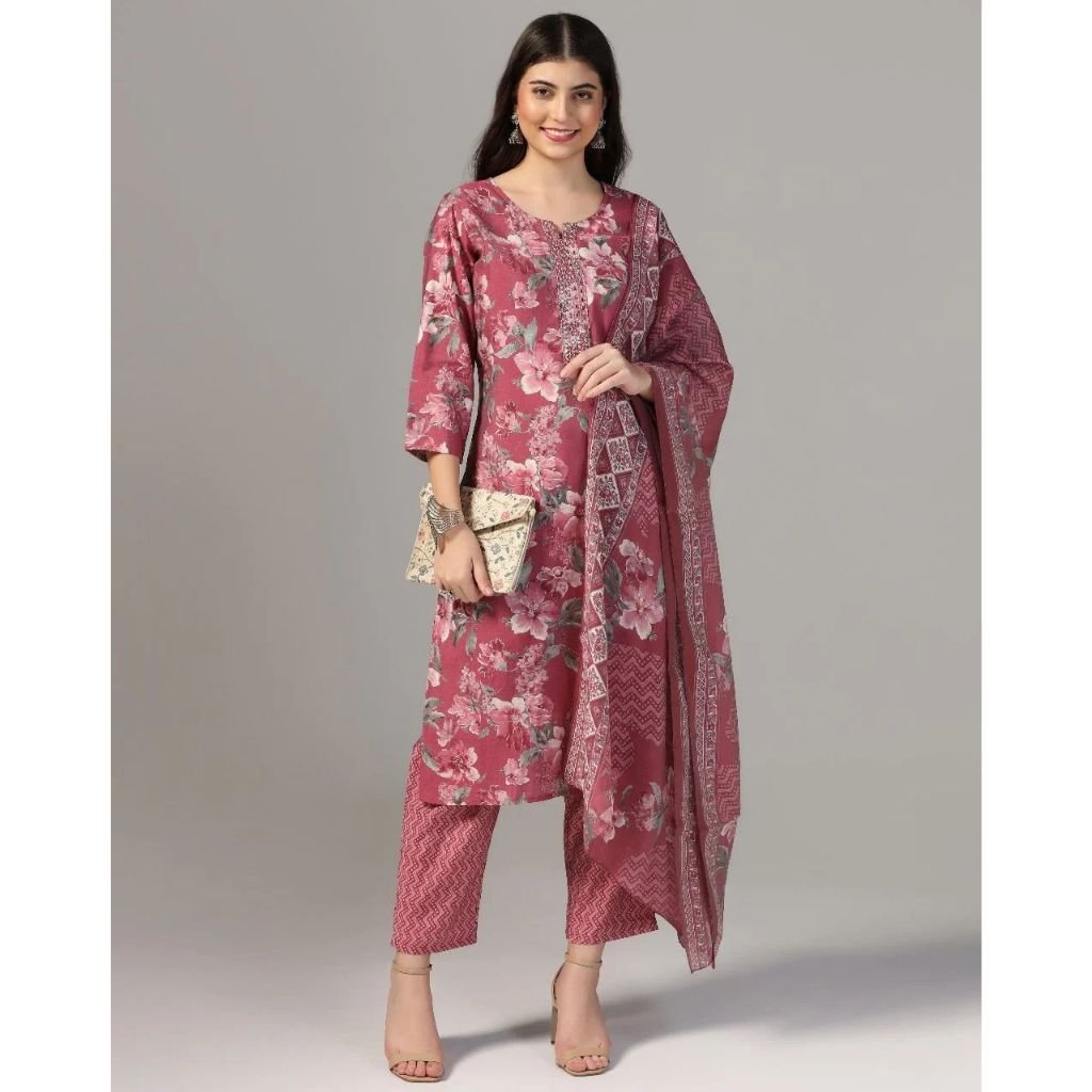 Cotton Printed Work Straight Kurta With Pant & Dupatta Set For Women