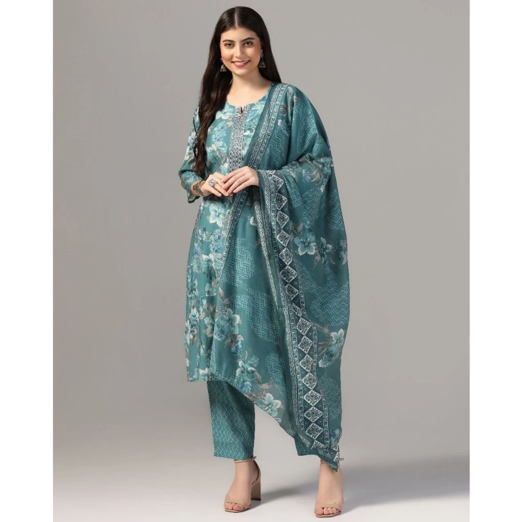 Cotton Printed Work Straight Kurta With Pant & Dupatta Set For Women