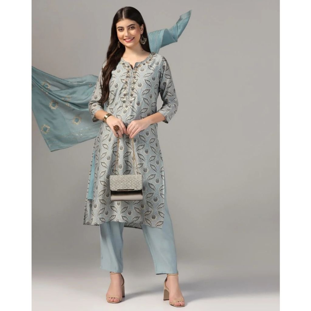 Women’s Organza Embroidered Straight Kurta With Pant & Dupatta Set