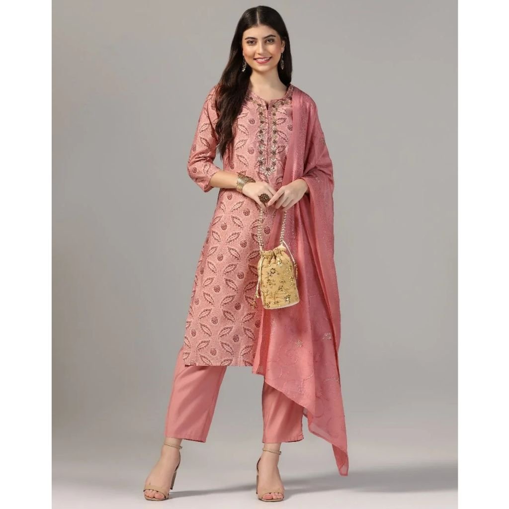 Women’s Organza Embroidered Straight Kurta With Pant & Dupatta Set