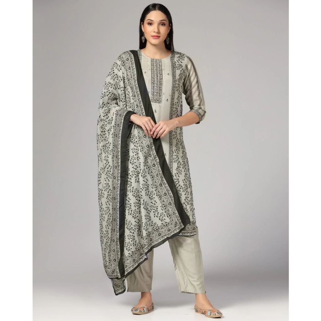 Floral Printed Round Neck Regular Straight Kurta With Pant & Dupatta Set For Women