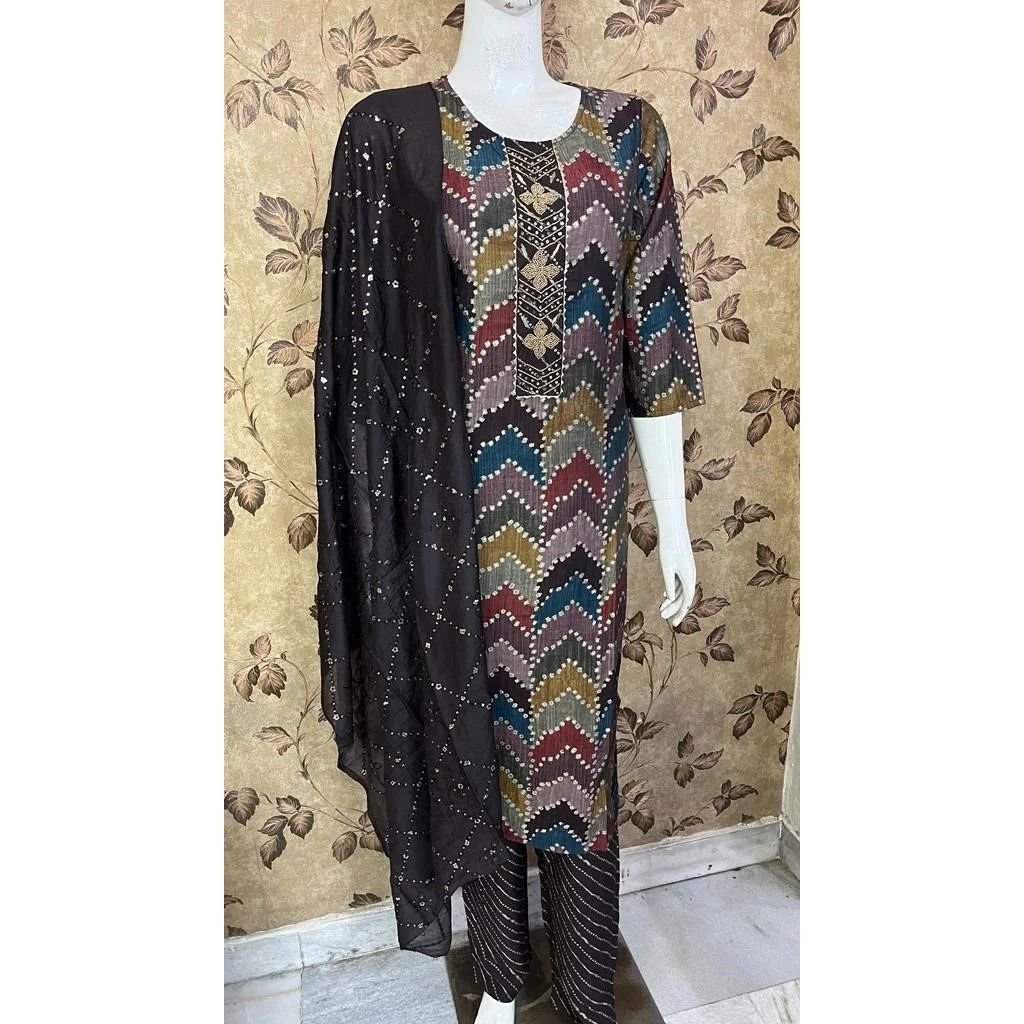 Rayon Embroidered Kurti Pant & Dupatta Set For Women