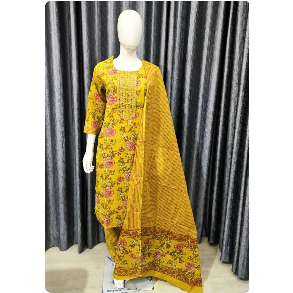 Printed Cotton Kurti Pant With Dupatta Set For Women