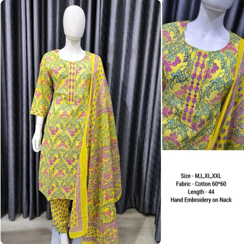 Printed Cotton Kurti Pant With Dupatta Set For Women