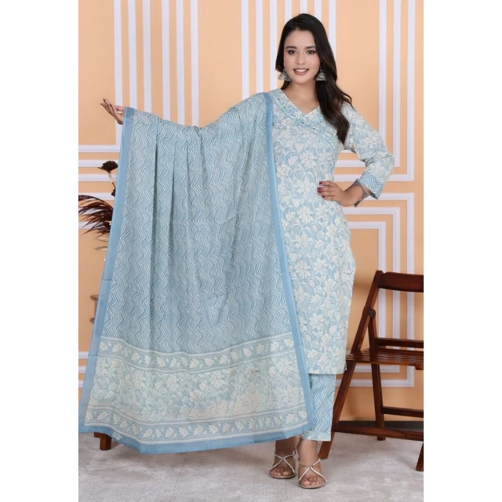 Women Pure Cotton Kurta Pant Dupatta Set