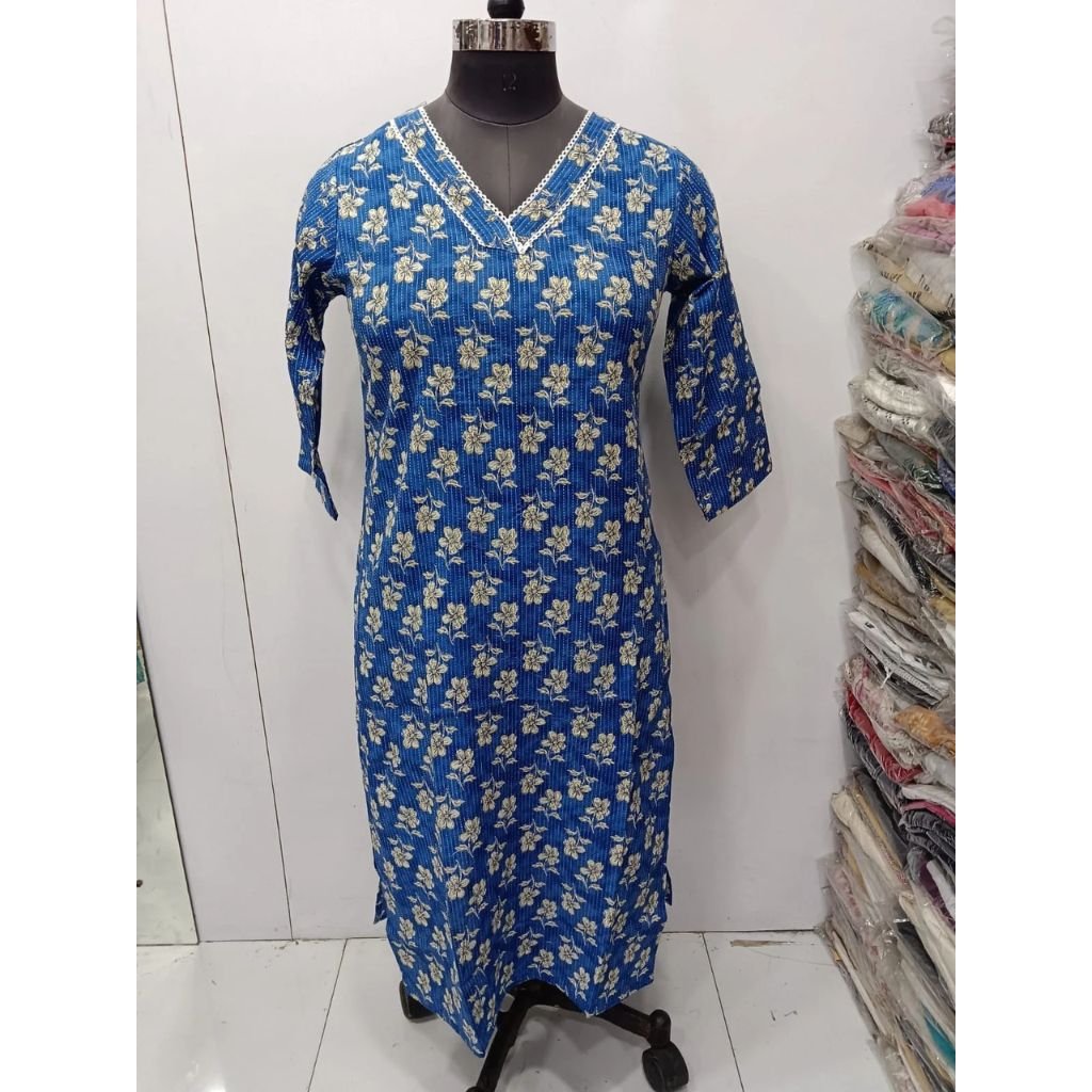 Cotton Printed V-Neck Side Open Kurti For Women