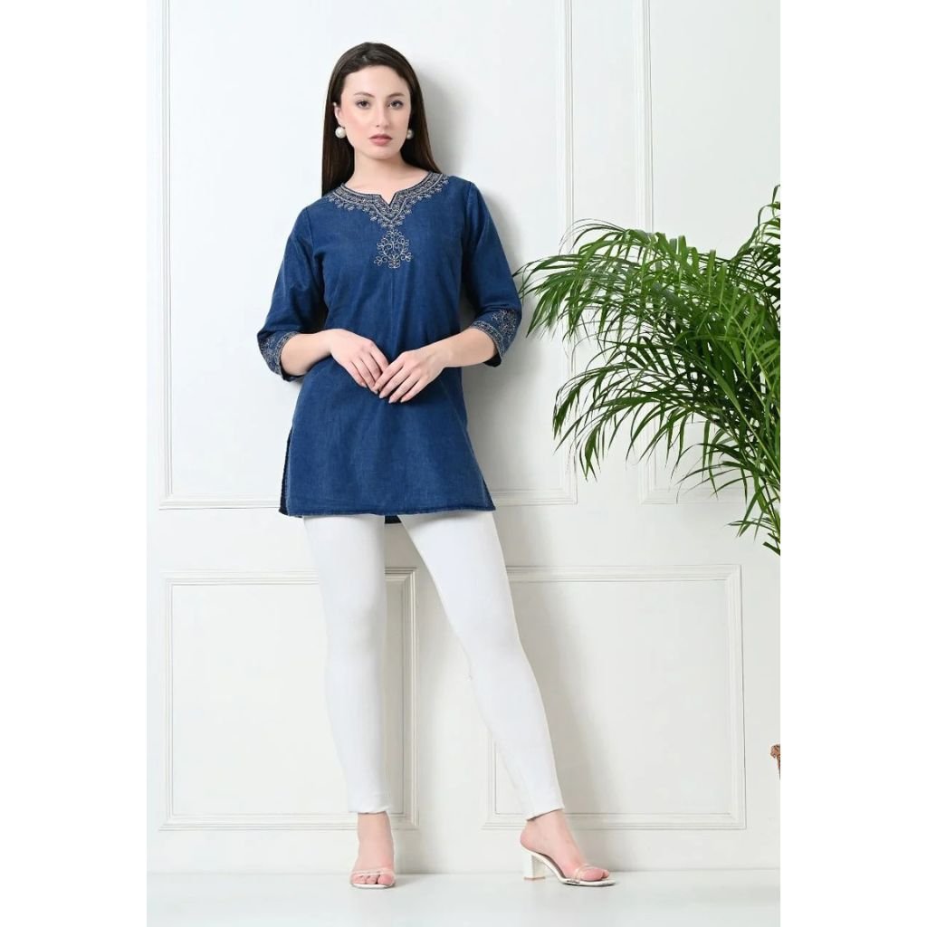 Denim Designer Embroidery Top For Women