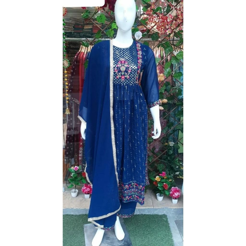 Embroidered Anarkali Kurti & Pant With Dupatta Set