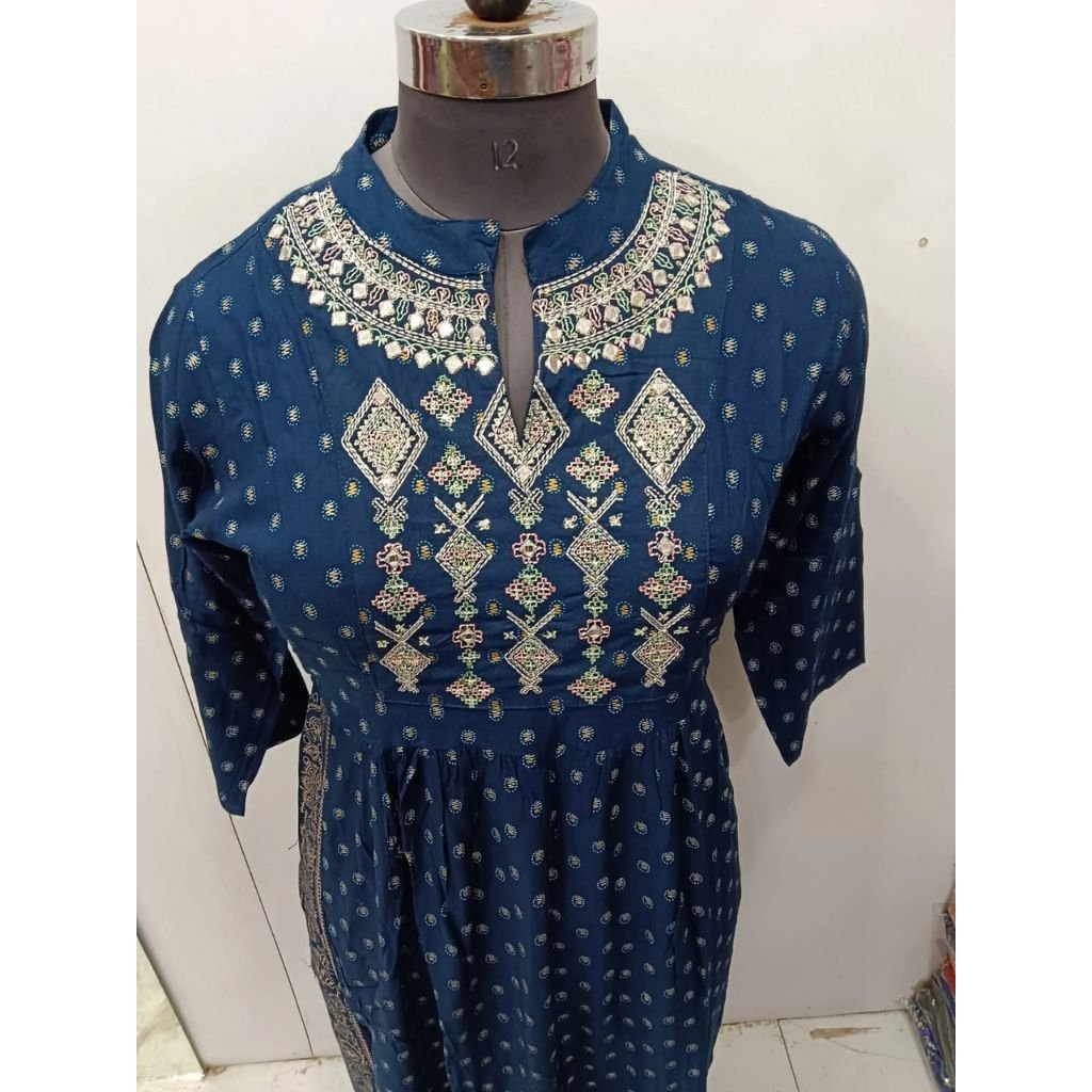 Women Rayon Embroidery Naira Cut Kurti