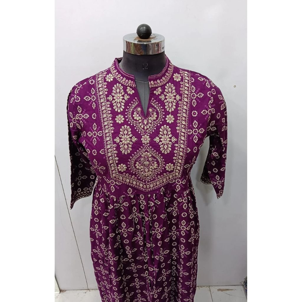 Women Rayon Embroidery Naira Cut Kurti