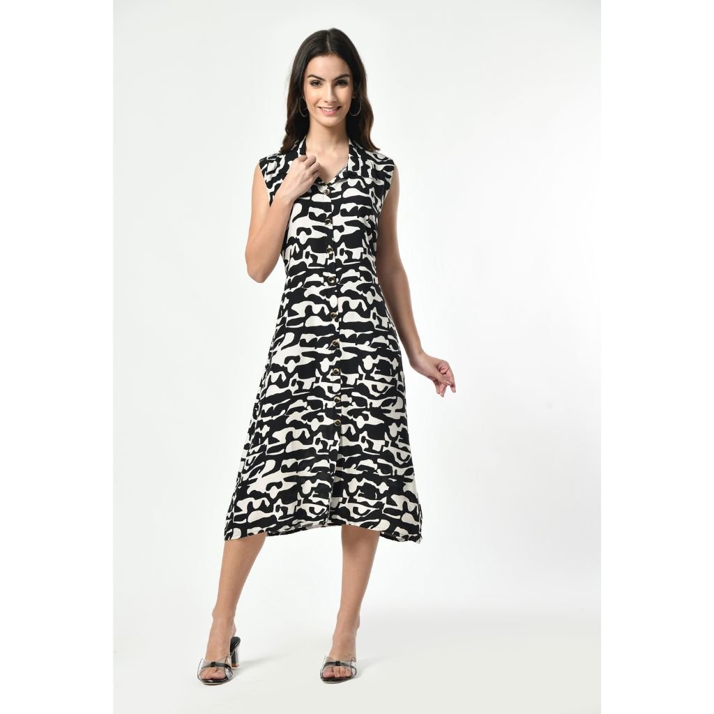 Rayon Black and White Digital Printed Dress With Adjustable