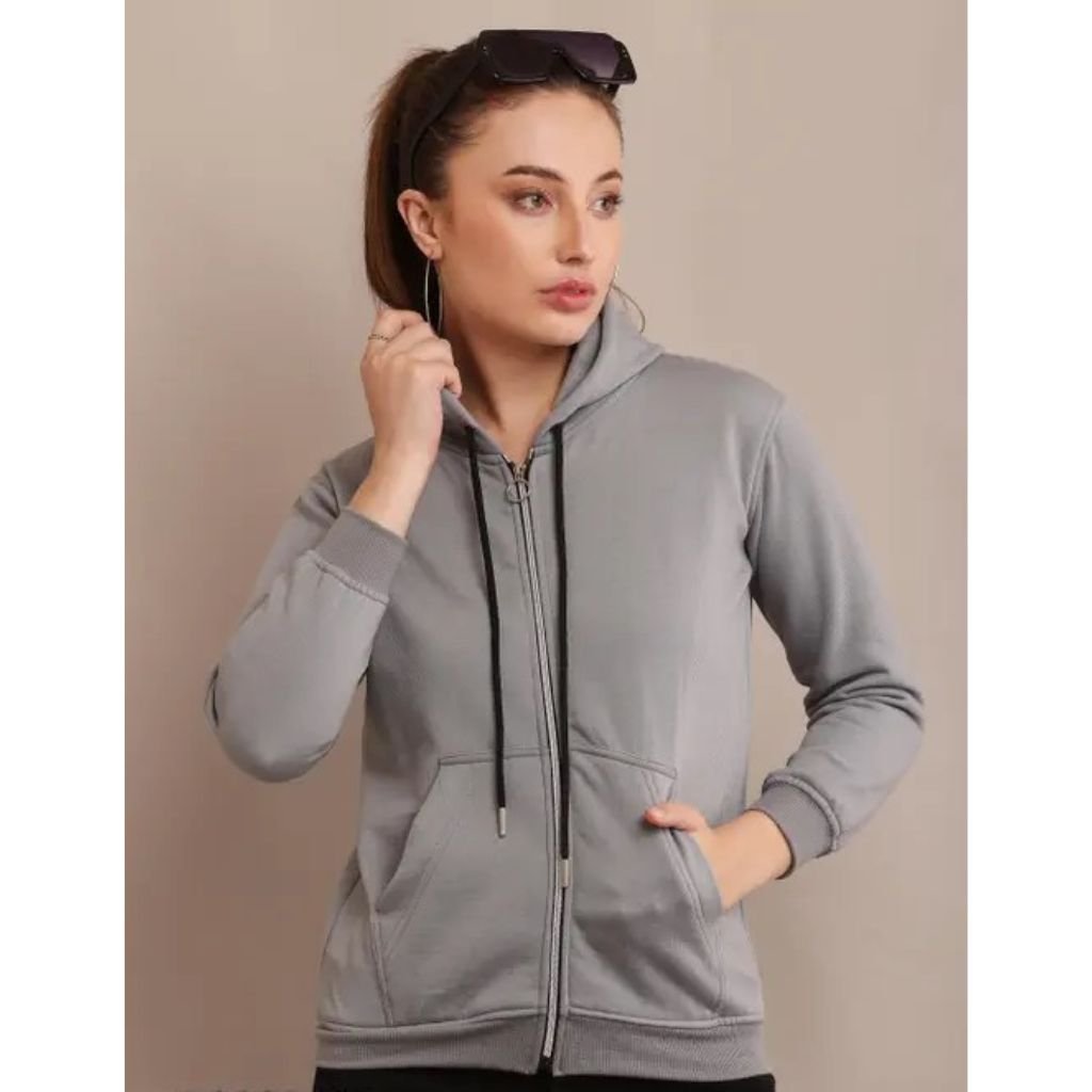 Women Grey Solid Hooded Sweatshirt