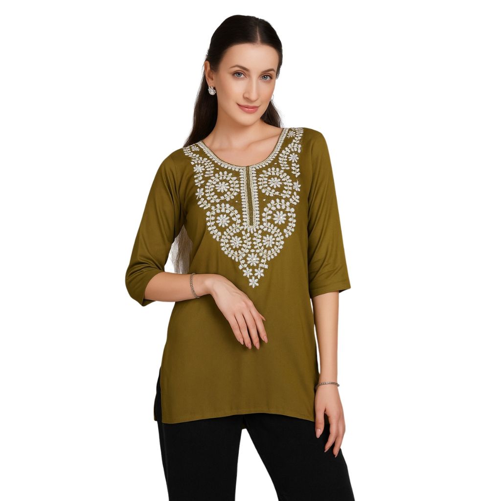 Women’s Olive Green Embroidered Short Kurti