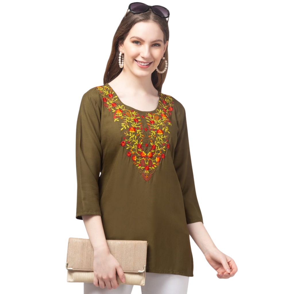 Olive Greaan Women’s Embroidered Floral Kurti | 3/4 Sleeve Rayon Ethnic Top for Casual Short Kurti
