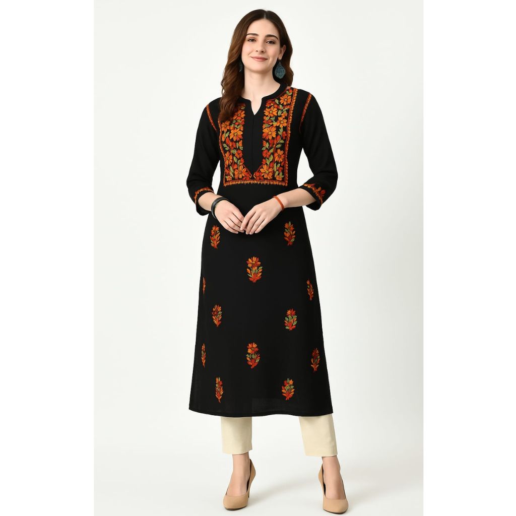 Women’s Black Cotton kurti with Lucknowi Hand Embroidery