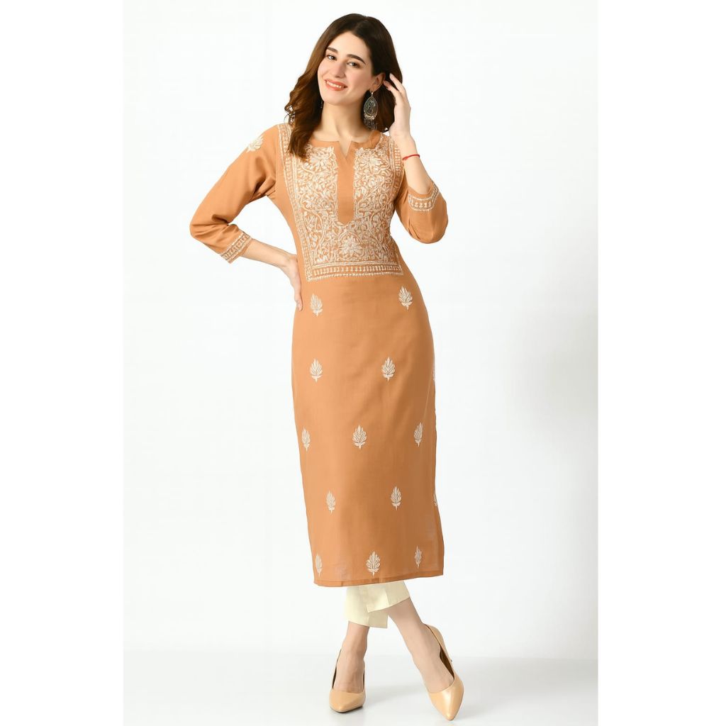 Women’s Brown Cotton Straight Kurti with Hand Embroidery Lucknowi Work