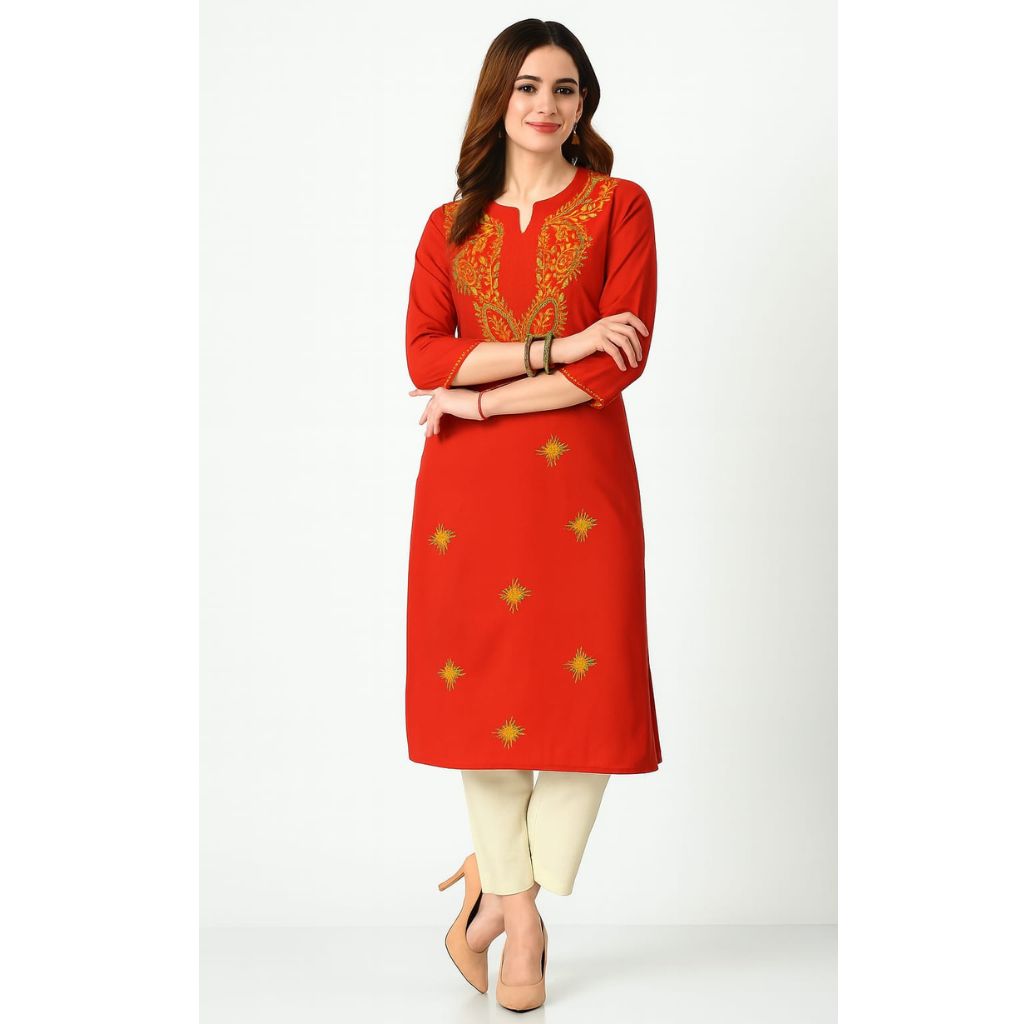 Women’s Red Cotton Straight Kurti with Embroidery