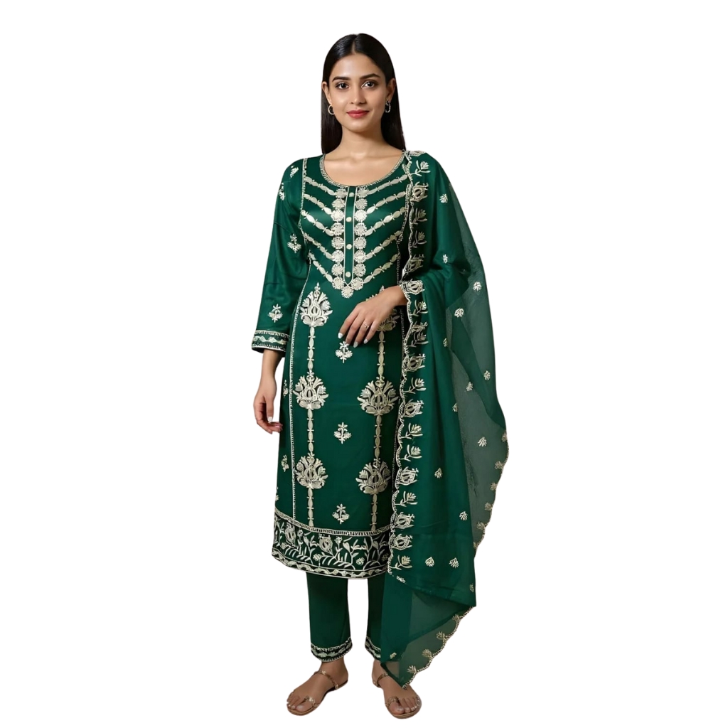Emerald Green Cotton Kurta Set with Ivory Thread Embroidery & Dupatta