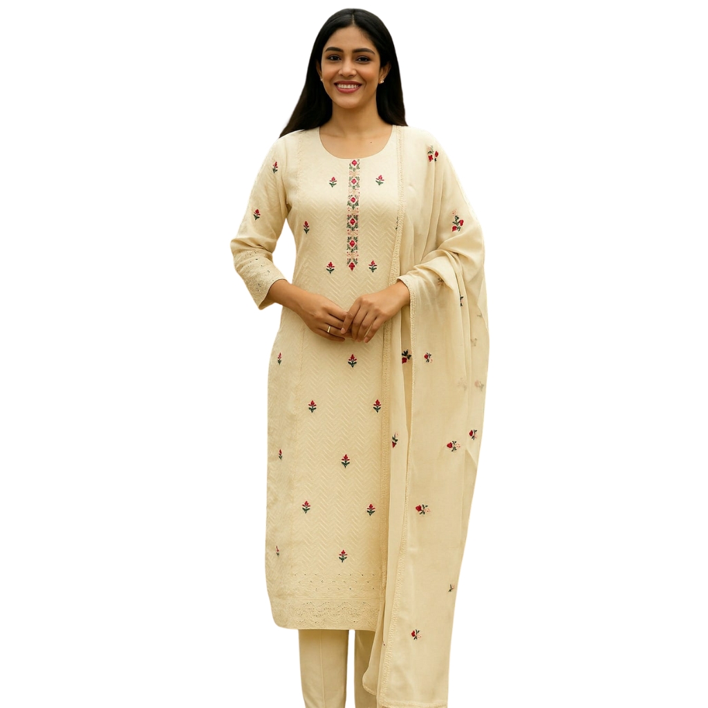Cream Cotton Kurta Set with Delicate Floral Embroidery & Dupatta