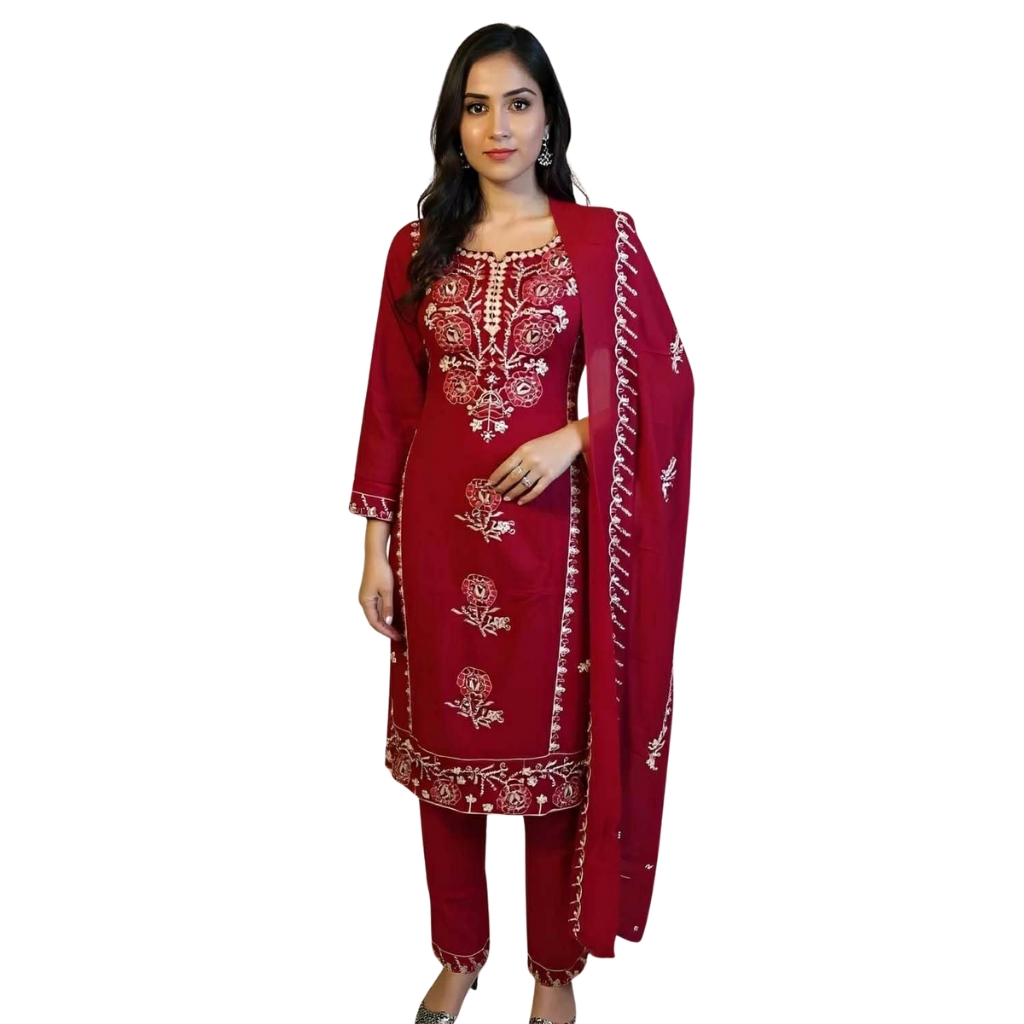 Red Cotton Blend Kurta Set with White Floral Embroidery & Dupatta