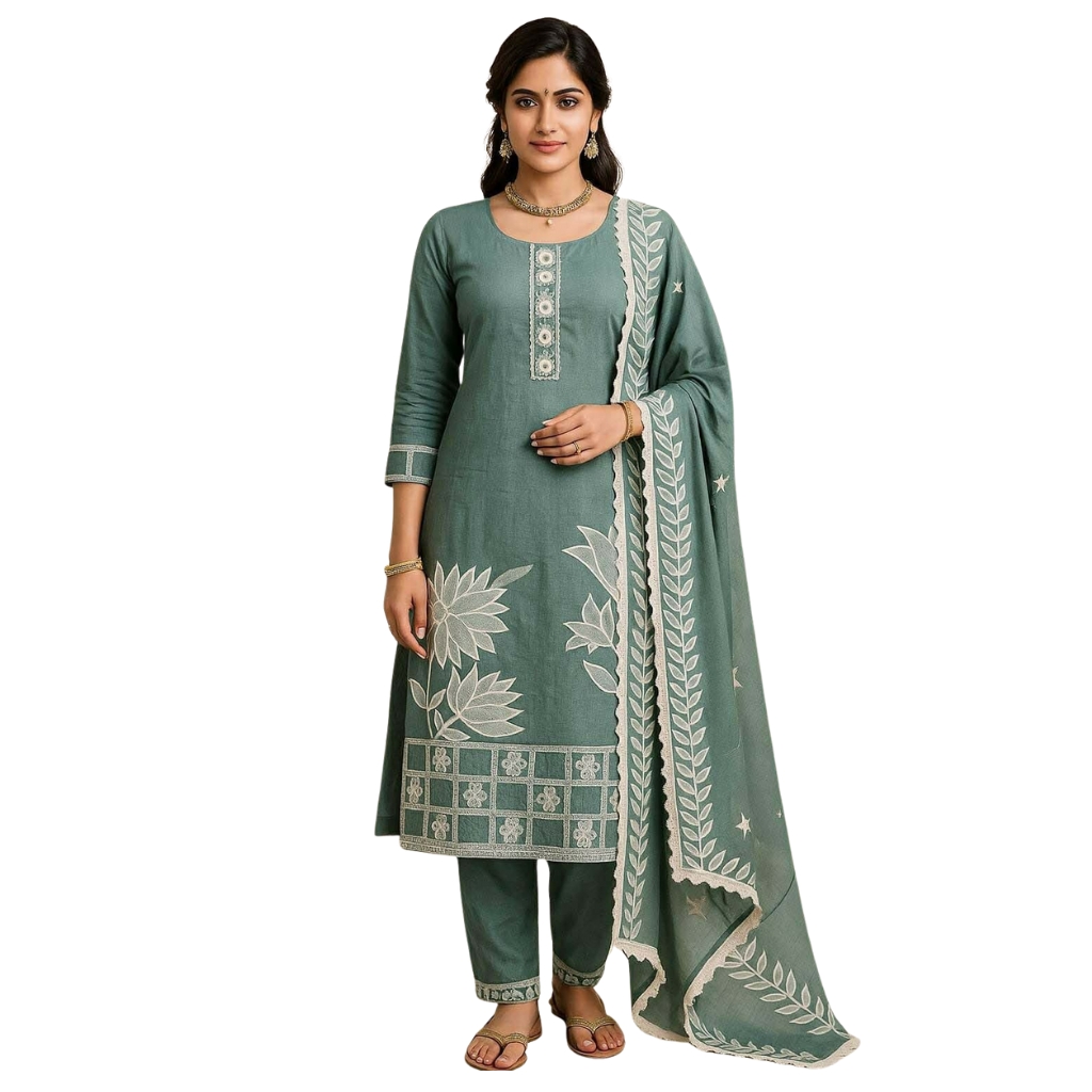 Teal Green Cotton Kurta Set with White Lotus Embroidery & Dupatta