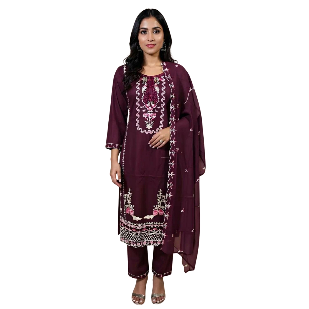 “Wine Cotton Blend Kurta Set with Multi-Color Floral Embroidery & Dupatta”