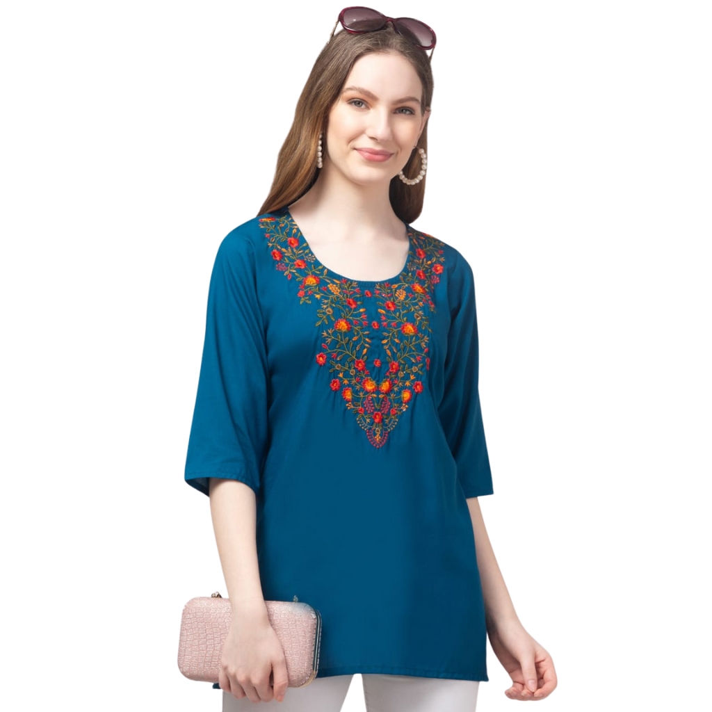 Teal Blue Women’s Embroidered Floral Kurti | 3/4 Sleeve Rayon Ethnic Top for Casual Short Kurti