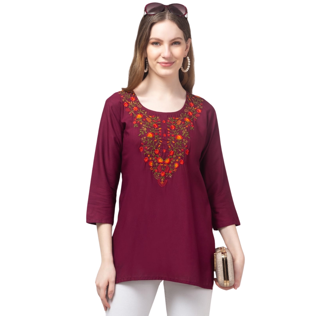 Wine Women’s Embroidered Floral Kurti | 3/4 Sleeve Rayon Ethnic Top for Casual Short Kurti