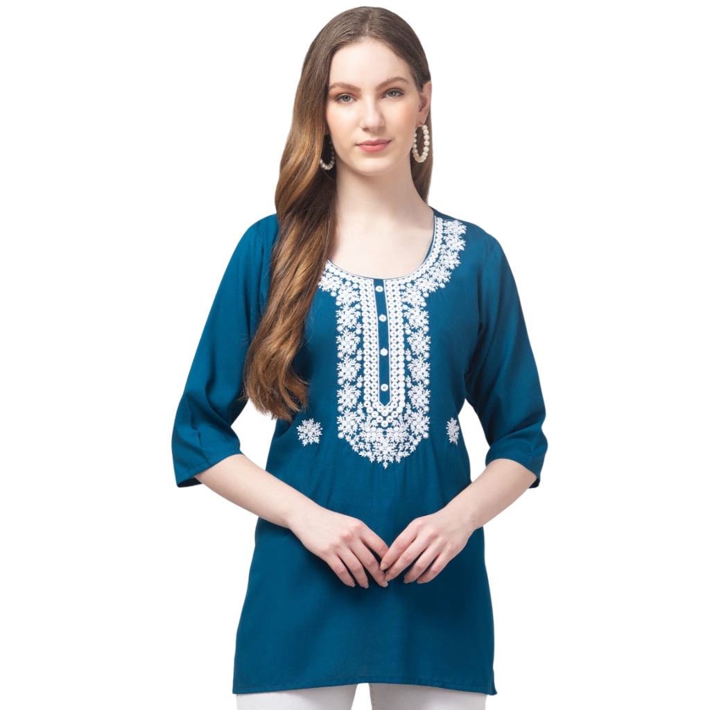 Women’s Rayon Embroidered Kurti Top | Teal Blue 3/4 Sleeve Tunic with White Floral Neck Work | Casual & Office Wear