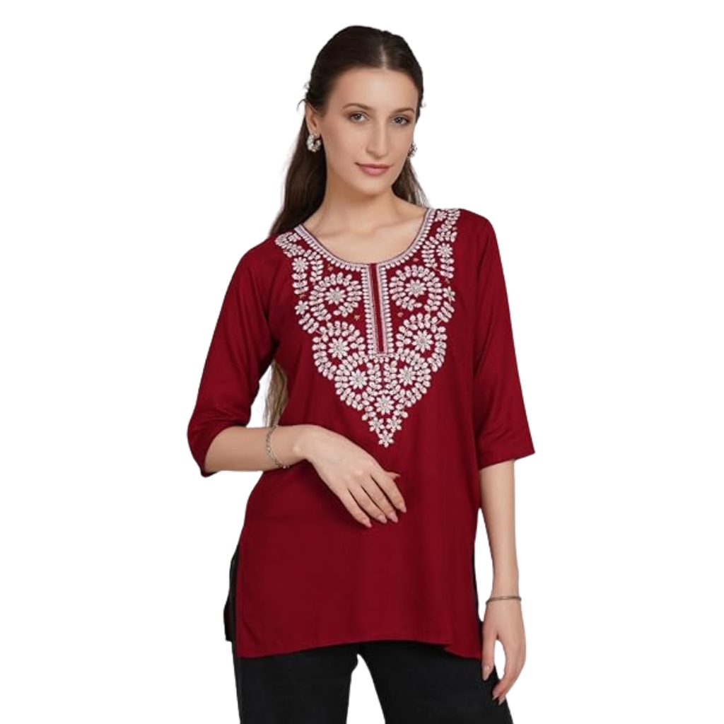Women’s Rayon Embroidered Kurti Top | Maroon 3/4 Sleeve Tunic with White Floral Neck Work | Casual & Office Wear
