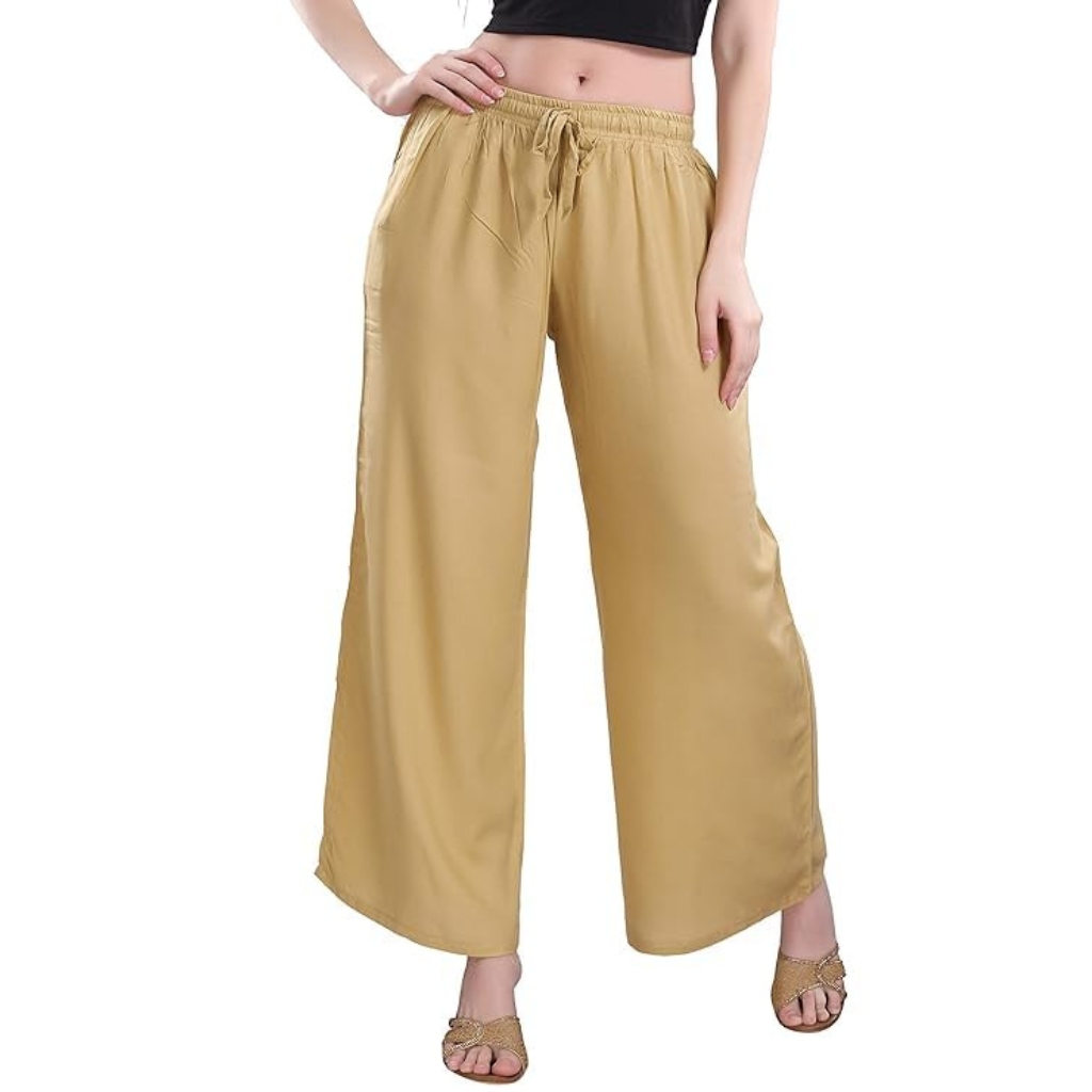 Women’s Beige Rayon Palazzo Pants with Pockets | High Waist Elasticated Wide Leg Trousers for Casual & Ethnic Wear