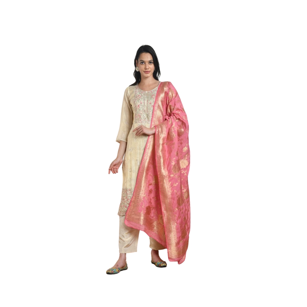 Women’s Silk Blend Embroidered Straight Kurta Set with Pants & Banarasi Dupatta | Cream & Pink Festive Wear Suit