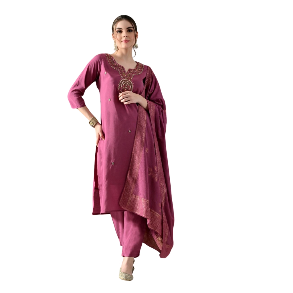 Women’s Magenta Rayon Embroidered Kurta Set with Dupatta | Ethnic Festive & Party Wear Suit