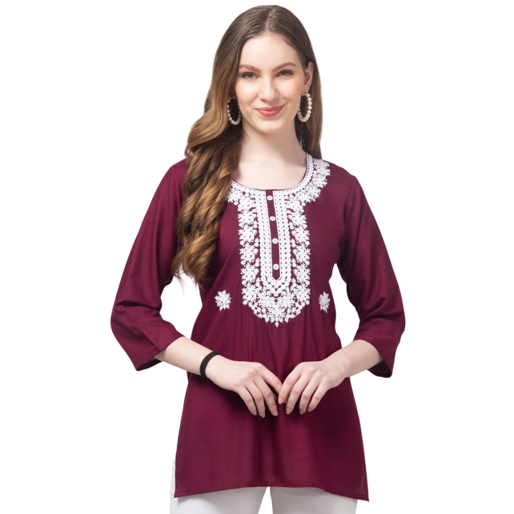 Women’s Rayon Embroidered Kurti Top | Wine 3/4 Sleeve Tunic with White Floral Neck Work | Casual & Office Wear