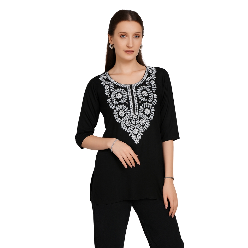 Women’s Rayon Embroidered Kurti Top | Black 3/4 Sleeve Tunic with White Floral Neck Work | Casual & Office Wear