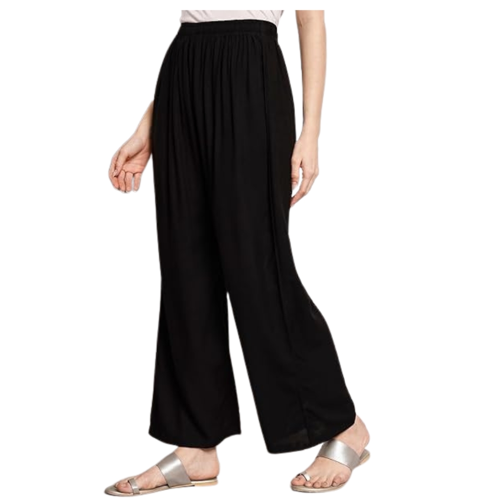 Women’s Black Rayon Palazzo Pants with Pockets | High Waist Elasticated Wide Leg Trousers for Casual & Ethnic Wear