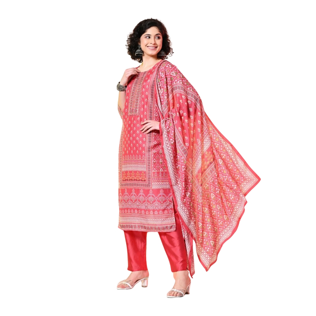 Women’s Printed Cotton Blend Straight Kurta Set with Pants & Dupatta | Red Ethnic Suit for Casual & Festive Wear