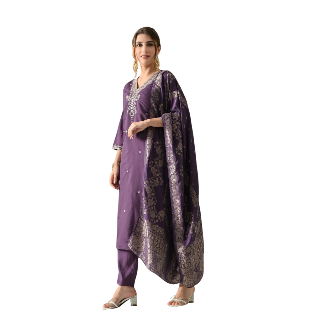 Women’s Purple Embroidered Kurta Set with Jacquard Dupatta | Festive & Party Wear Ethnic Suit