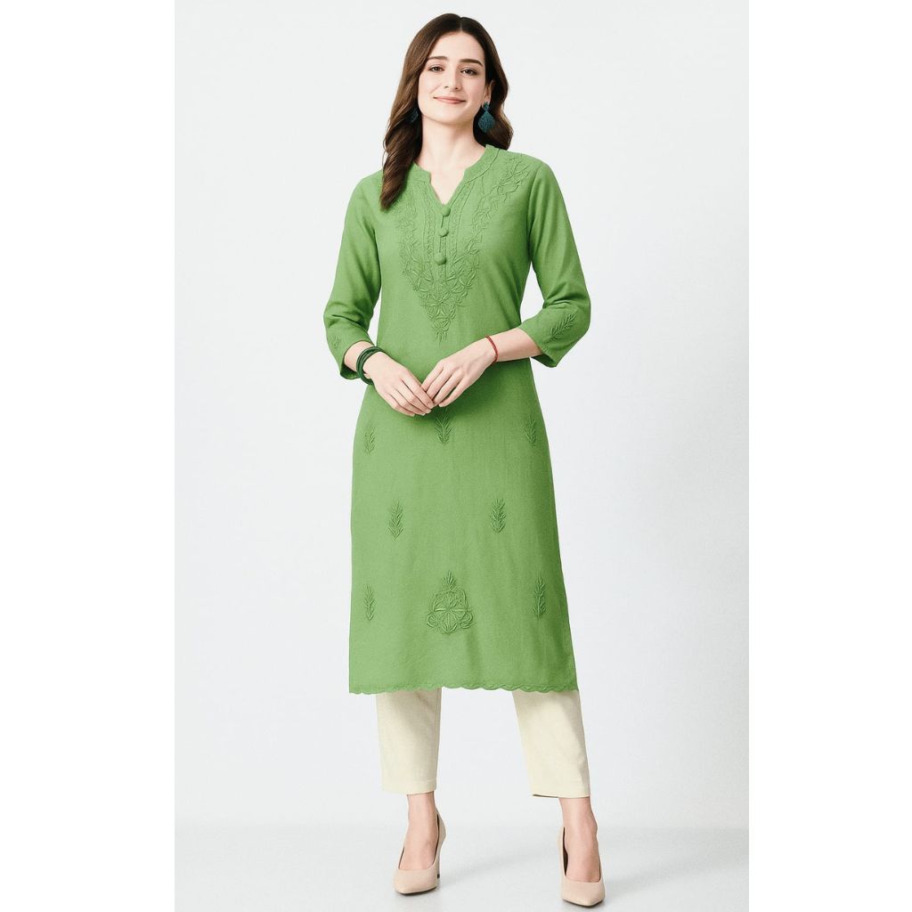Women’s Green Cotton Straight Kurti with Lucknowi Hand Embroidery