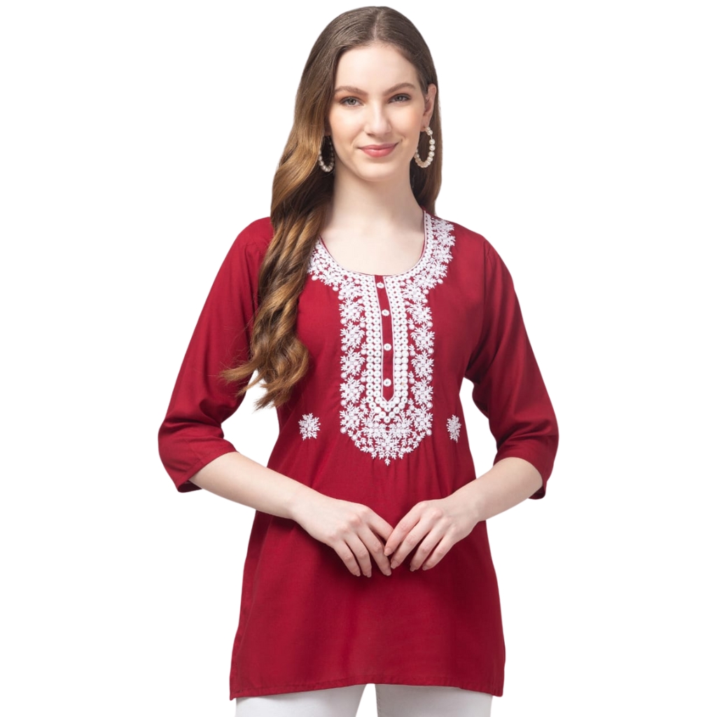 Women’s Rayon Embroidered Kurti Top | Mustard 3/4 Sleeve Tunic with White Floral Neck Work | Casual & Office Wear
