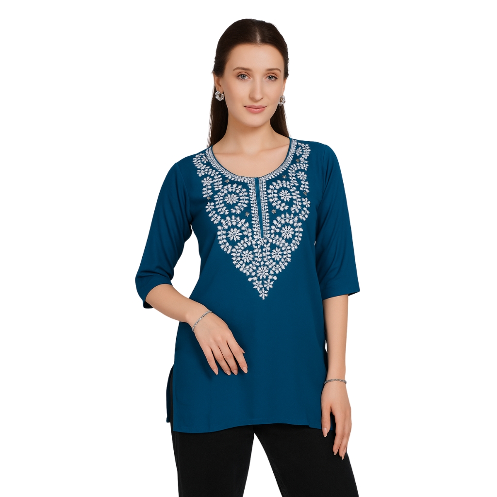 Women’s Rayon Embroidered Kurti Top | Teal Blue 3/4 Sleeve Tunic with White Floral Neck Work | Casual & Office Wear