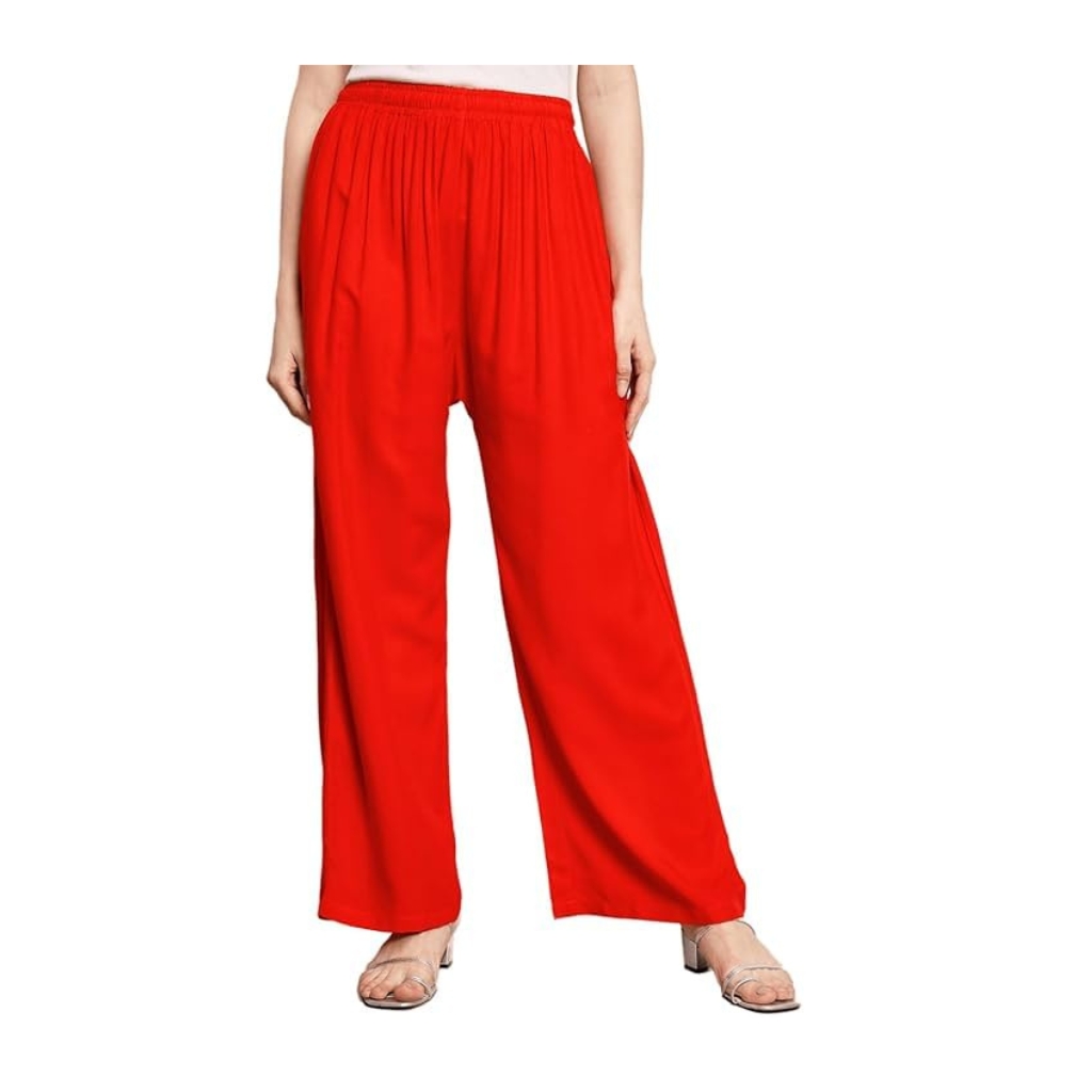Women’s Red Rayon Palazzo Pants with Pockets | High Waist Elasticated Wide Leg Trousers for Casual & Ethnic Wear