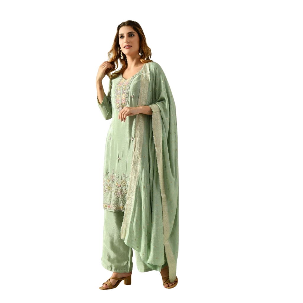 Women’s Light Green Embroidered Kurta Set with Dupatta | Elegant Festive & Party Wear Suit