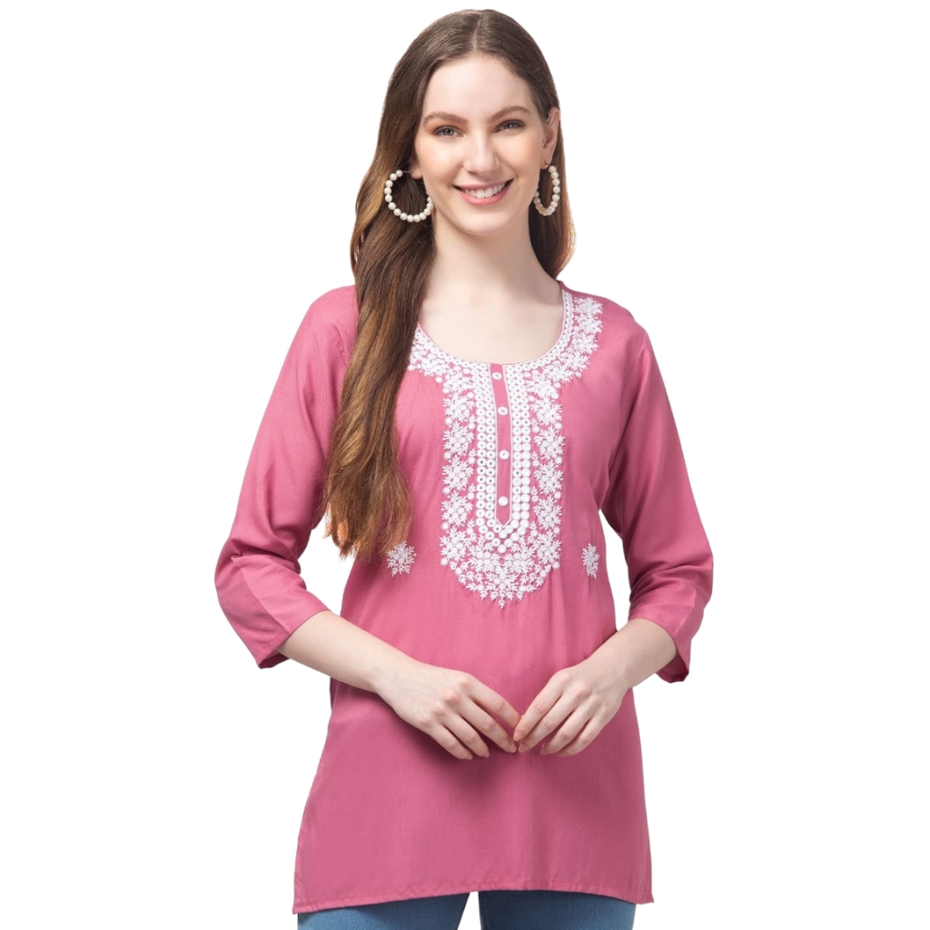 Women’s Rayon Embroidered Kurti Top | Rose Pink 3/4 Sleeve Tunic with White Floral Neck Work | Casual & Office Wear