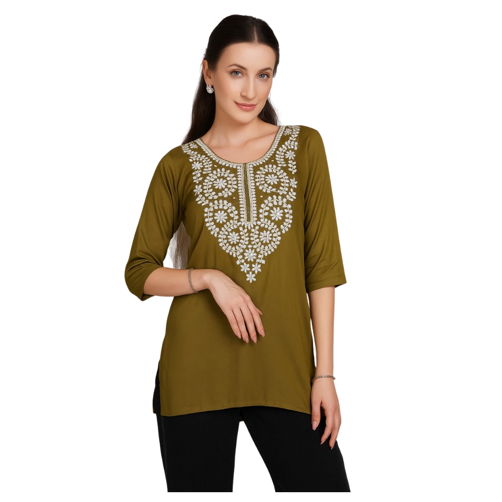 Women’s Rayon Embroidered Kurti Top | Olive Green 3/4 Sleeve Tunic with White Floral Neck Work | Casual & Office Wear