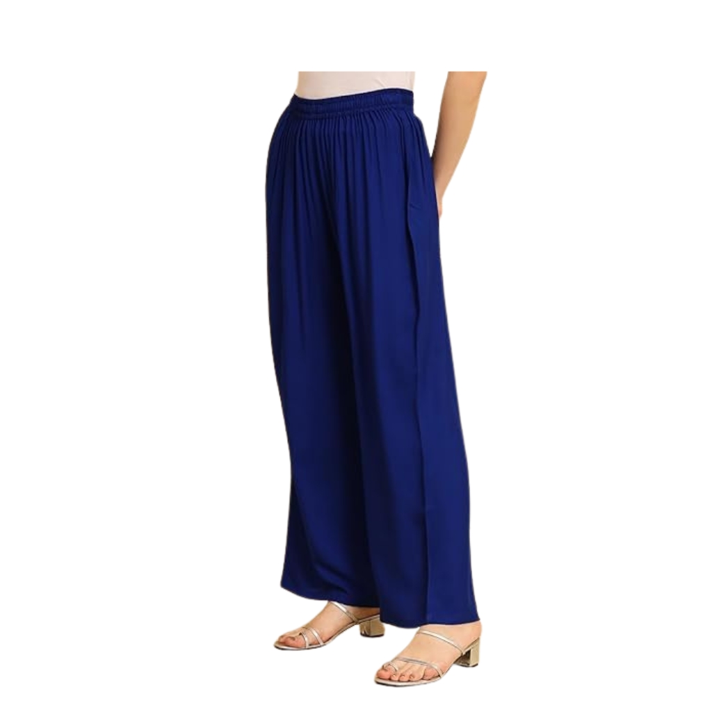 Women’s Navy Blue Rayon Palazzo Pants with Pockets | High Waist Elasticated Wide Leg Trousers for Casual & Ethnic Wear