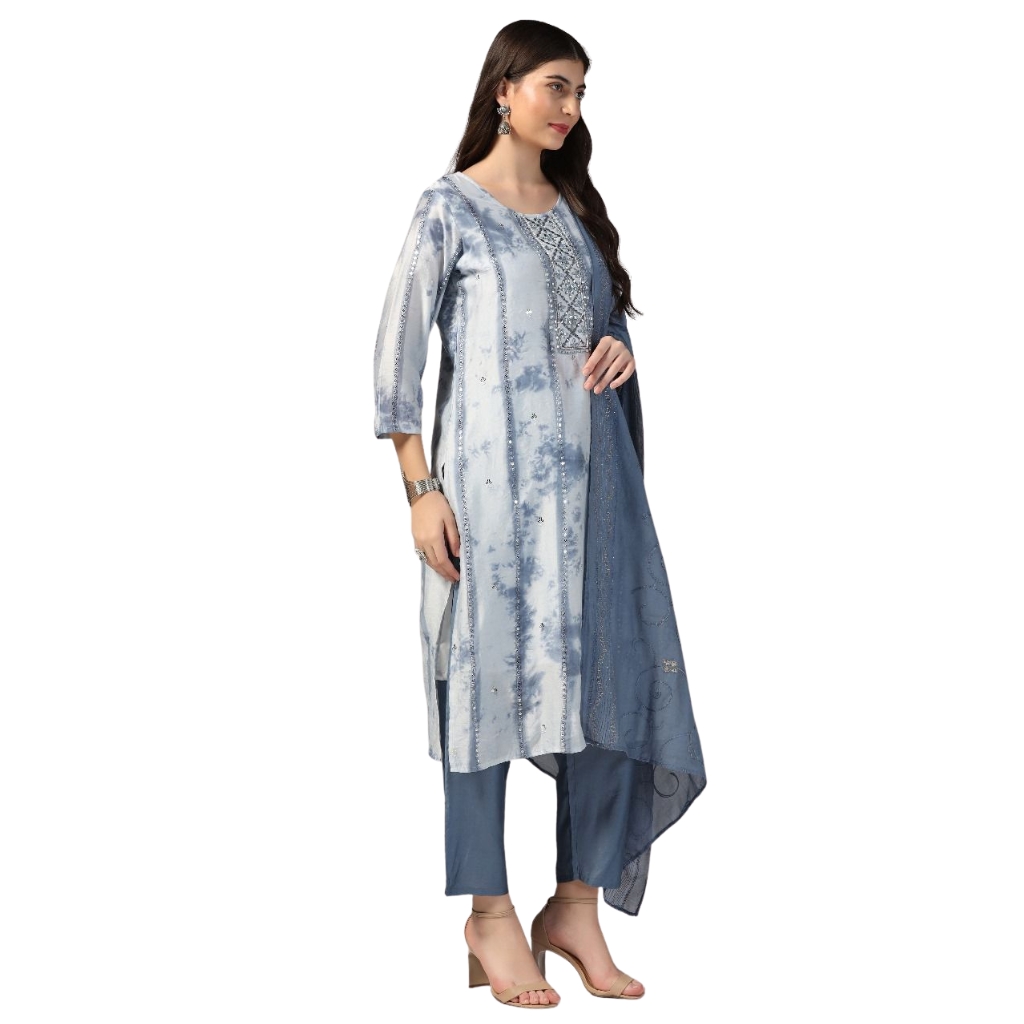 Women’s Tie-Dye Printed Cotton Blend Kurta Set with Pants & Dupatta | Grey-Blue Ethnic Suit for Casual & Festive Wear