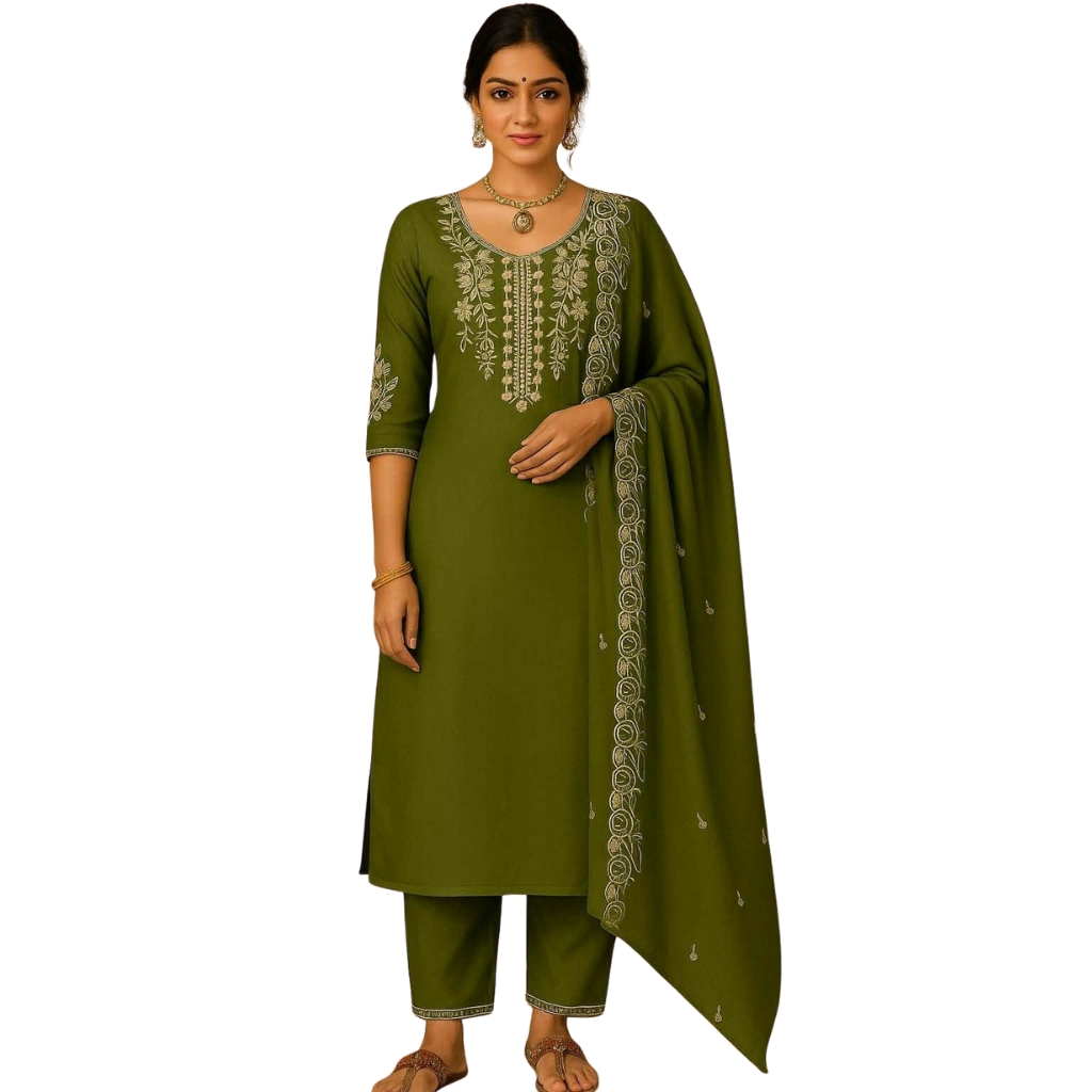 Olive Green Cotton Rayon Straight Suit with Thread Embroidery & Dupatta